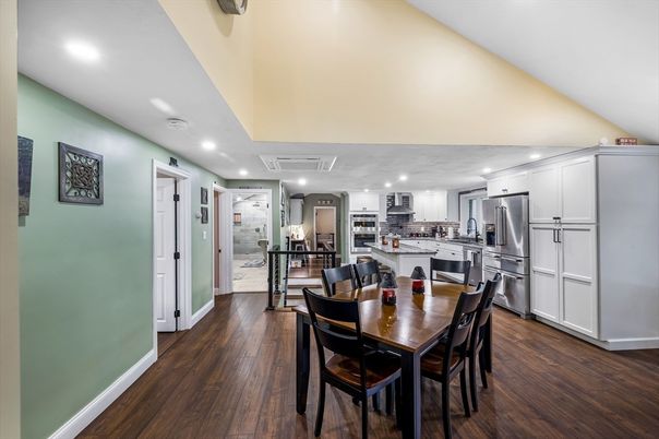 Dining room, Interior, Kitchen, Recessed Lighting, Stainless Steel Appliances, Wood Texture Flooring