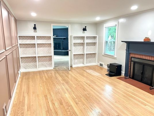 Fireplace, Interior, Recessed Lighting, Wood Texture Flooring