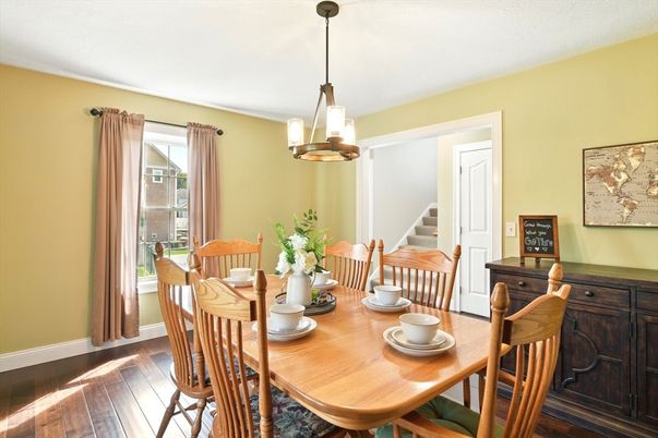 Dining room, Interior, Pendant Lights, Wood Texture Flooring