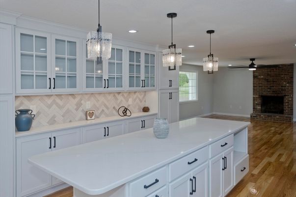 Interior, Kitchen, Pendant Lights, Recessed Lighting, Stone Walls, Wood Texture Flooring