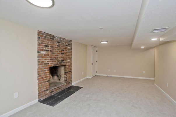 Empty room, Fireplace, Interior, Recessed Lighting, Stone Walls
