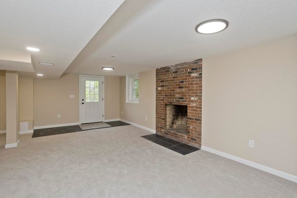 Empty room, Fireplace, Interior, Recessed Lighting, Stone Walls
