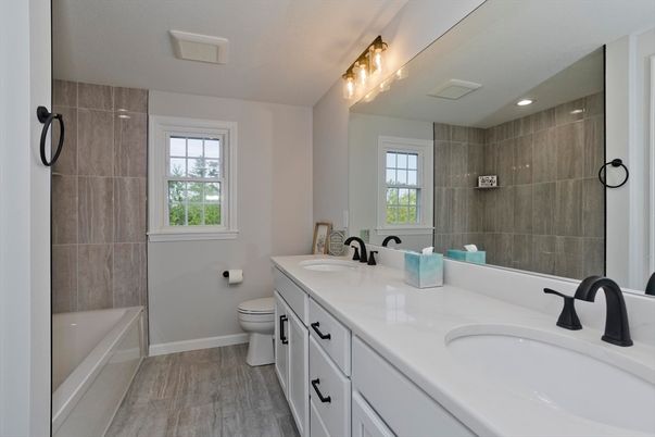 Bathroom, Dual Sink Vanities, Interior, Recessed Lighting, Wood Texture Flooring