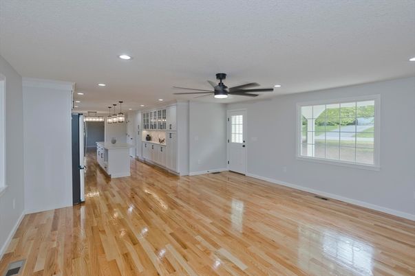 Empty room, Interior, Kitchen, Pendant Lights, Recessed Lighting, Wood Texture Flooring
