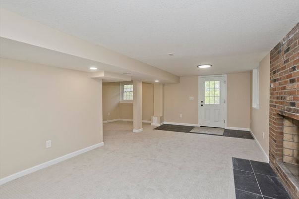 Empty room, Fireplace, Interior, Recessed Lighting, Stone Walls