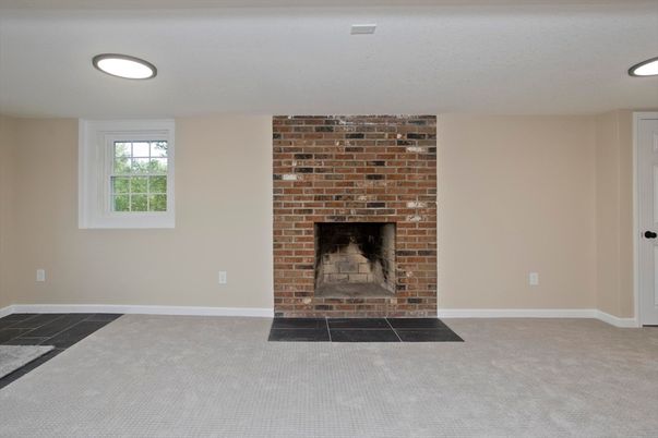 Empty room, Fireplace, Interior, Recessed Lighting, Stone Walls