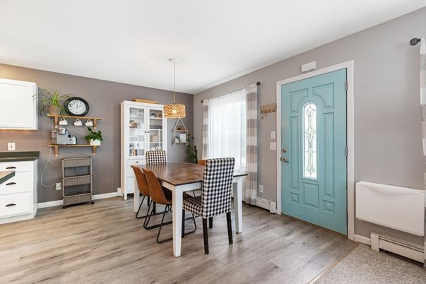 Dining room, Interior, Pendant Lights, Wood Texture Flooring