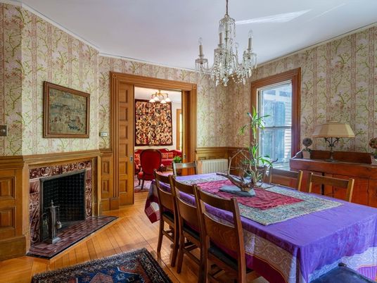 Chandelier, Dining room, Fireplace, Interior, Wood Texture Flooring