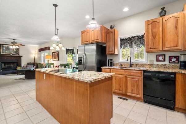 Fireplace, Interior, Kitchen, Living room, Pendant Lights, Recessed Lighting