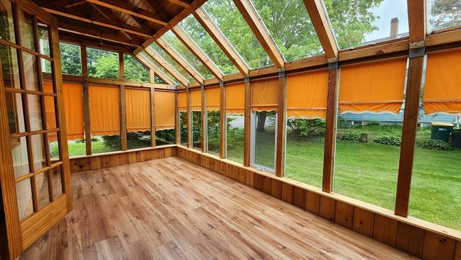 Glass Ceilings, Interior, Sun Room, Wooden Beams, Wood Texture Flooring