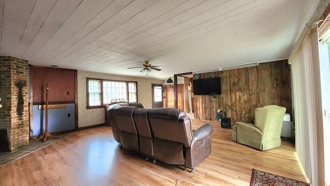Fireplace, Interior, Living room, Stone Walls, Wood Texture Flooring, Wooden Walls