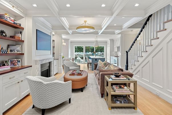 Fireplace, Interior, Living room, Pendant Lights, Recessed Lighting, Wood Texture Flooring