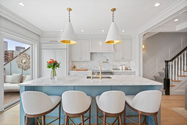 Interior, Kitchen, Marble Walls, Pendant Lights, Recessed Lighting, Wood Texture Flooring
