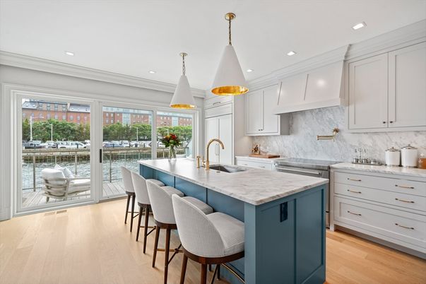 Interior, Kitchen, Marble Walls, Pendant Lights, Recessed Lighting, Wood Texture Flooring