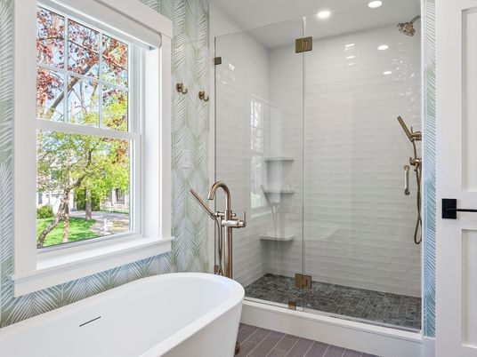Bathroom, Free Standing Baths, Glass Shower, Interior, Recessed Lighting