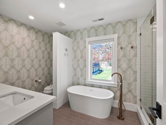 Bathroom, Free Standing Baths, Glass Shower, Interior, Recessed Lighting, Wood Texture Flooring
