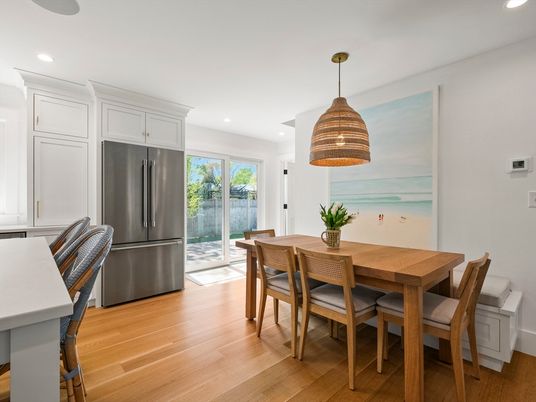Dining room, Interior, Kitchen, Pendant Lights, Recessed Lighting, Wood Texture Flooring