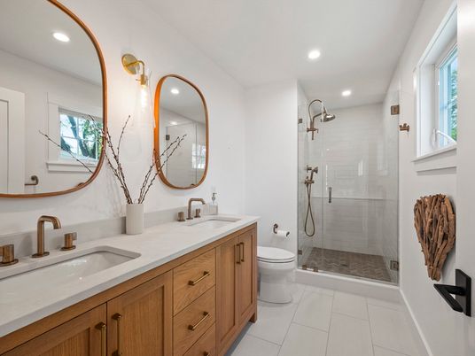 Bathroom, Dual Sink Vanities, Glass Shower, Interior, Recessed Lighting