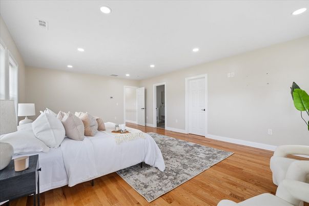 Bedroom, Interior, Recessed Lighting, Wood Texture Flooring
