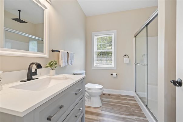 Bathroom, Glass Shower, Interior, Wood Texture Flooring