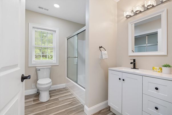 Bathroom, Glass Shower, Interior, Recessed Lighting, Wood Texture Flooring