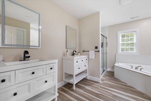 Bathroom, Dual Sink Vanities, Interior, Recessed Lighting, Wood Texture Flooring