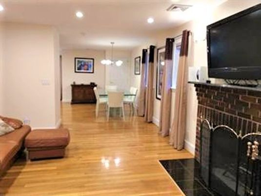 Chandelier, Dining room, Fireplace, Interior, Pendant Lights, Recessed Lighting, Wood Texture Flooring