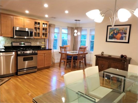 Dining room, Interior, Kitchen, Pendant Lights, Recessed Lighting, Stainless Steel Appliances, Wood Texture Flooring