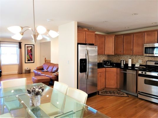 Dining room, Interior, Kitchen, Living room, Pendant Lights, Recessed Lighting, Stainless Steel Appliances, Wood Texture Flooring