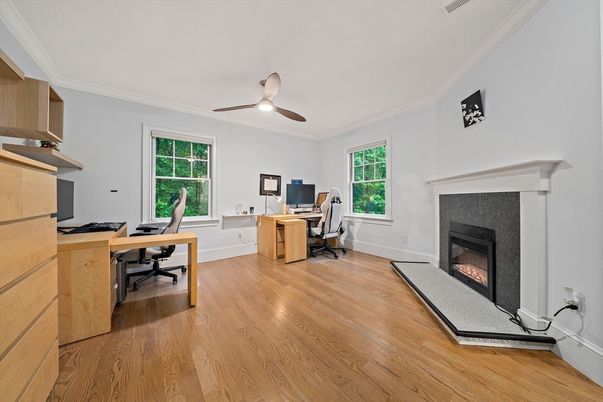Fireplace, Home Office, Interior, Wood Texture Flooring