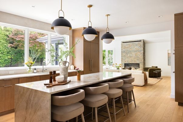 Fireplace, Interior, Kitchen, Living room, Pendant Lights, Recessed Lighting, Wood Texture Flooring