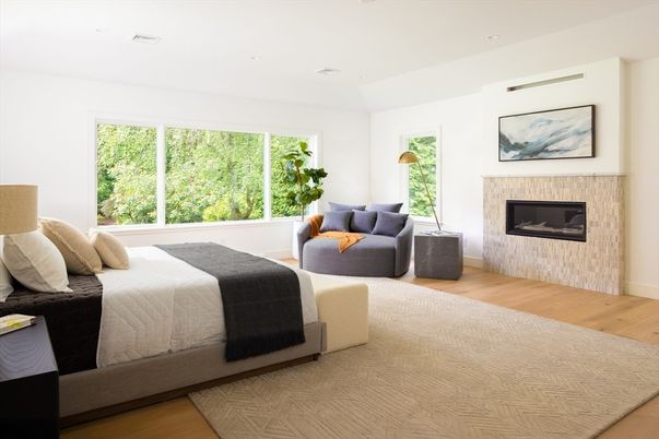 Bedroom, Fireplace, Interior, Recessed Lighting, Wood Texture Flooring