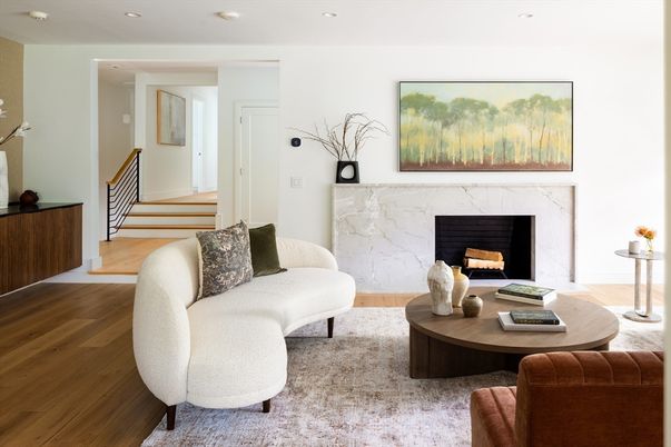 Fireplace, Interior, Living room, Recessed Lighting, Wood Texture Flooring
