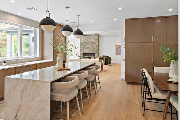 Fireplace, Interior, Kitchen, Pendant Lights, Recessed Lighting, Wood Texture Flooring