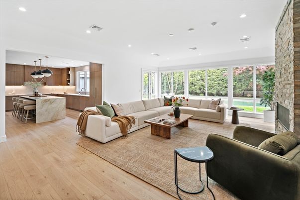 Dining room, Fireplace, Interior, Kitchen, Living room, Pendant Lights, Recessed Lighting, Stone Walls, Wood Texture Flooring