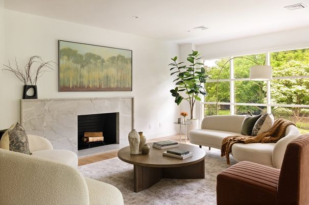 Fireplace, Interior, Living room, Recessed Lighting, Wood Texture Flooring