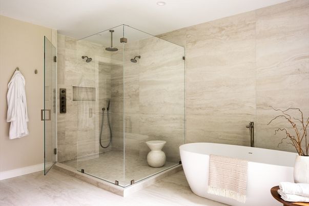 Bathroom, Free Standing Baths, Glass Shower, Interior, Recessed Lighting