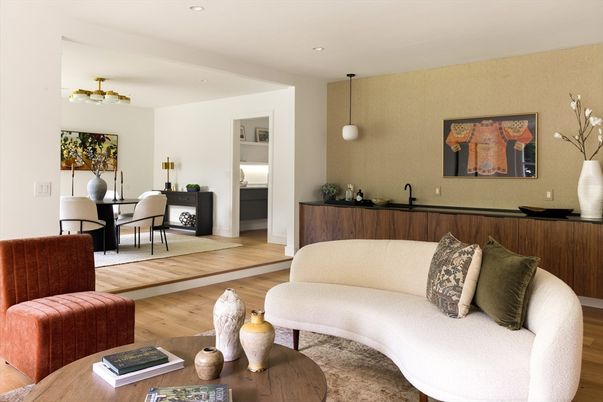 Dining room, Interior, Living room, Pendant Lights, Recessed Lighting, Wood Texture Flooring