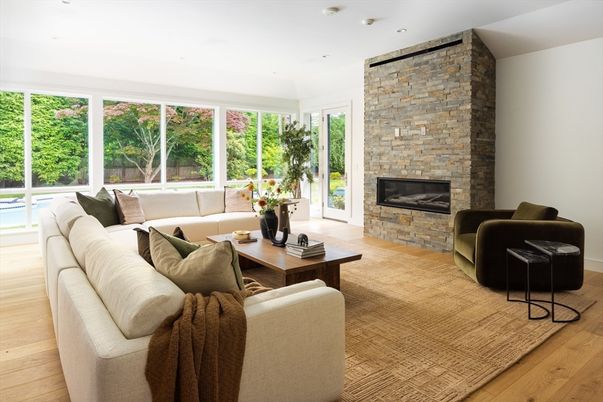 Fireplace, Interior, Living room, Recessed Lighting, Stone Walls, Wood Texture Flooring
