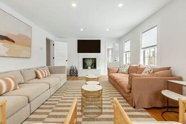 Fireplace, Interior, Living room, Recessed Lighting, Wood Texture Flooring