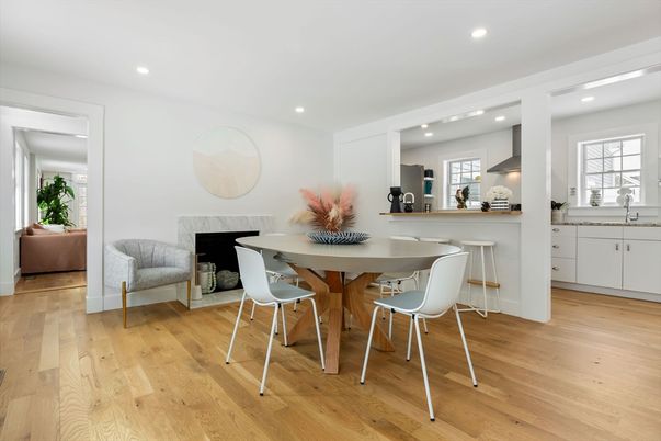 Dining room, Fireplace, Interior, Kitchen, Recessed Lighting, Wood Texture Flooring