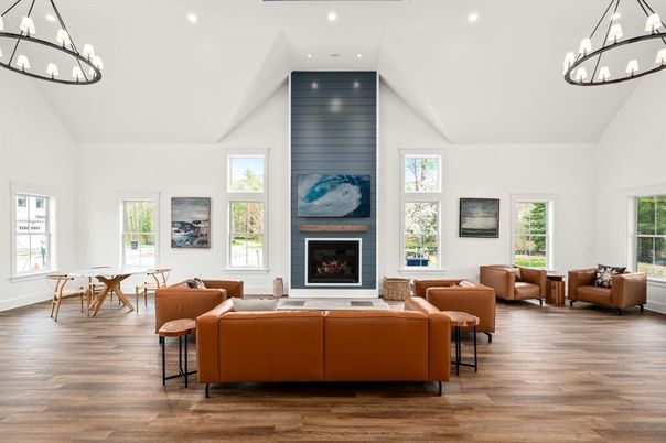 Chandelier, Dining room, Fireplace, Interior, Living room, Recessed Lighting, Wood Texture Flooring