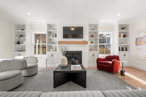 Fireplace, Interior, Living room, Recessed Lighting, Wood Texture Flooring