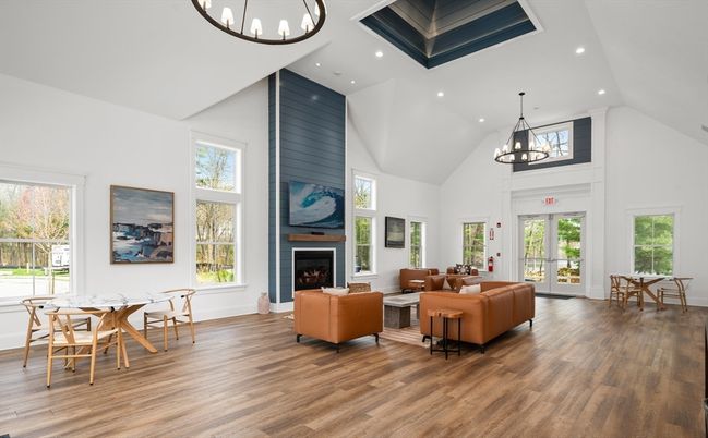 Chandelier, Dining room, Fireplace, Interior, Living room, Pendant Lights, Recessed Lighting, Wood Texture Flooring