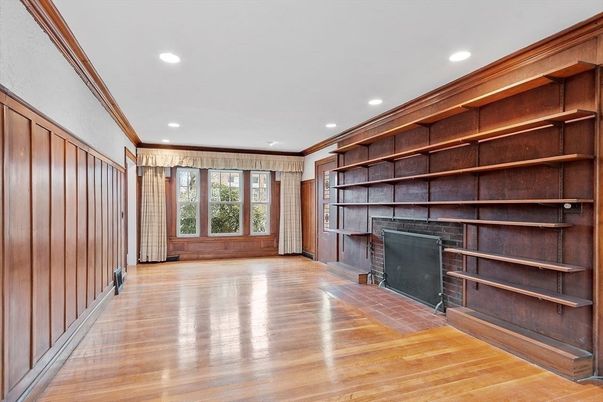 Empty room, Fireplace, Interior, Recessed Lighting, Wood Texture Flooring