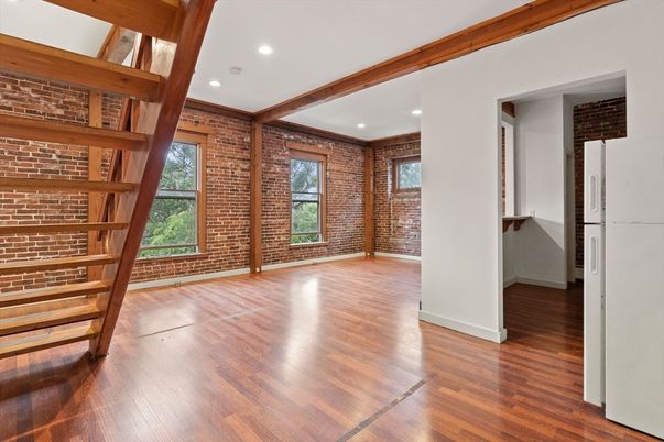 Empty room, Interior, Recessed Lighting, Stone Walls, Wooden Beams, Wood Texture Flooring