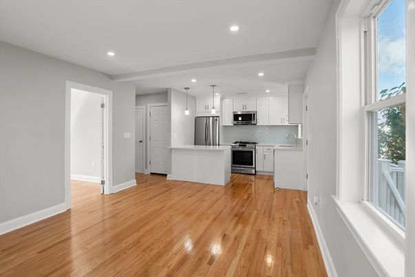 Interior, Kitchen, Pendant Lights, Recessed Lighting, Stainless Steel Appliances, Wood Texture Flooring