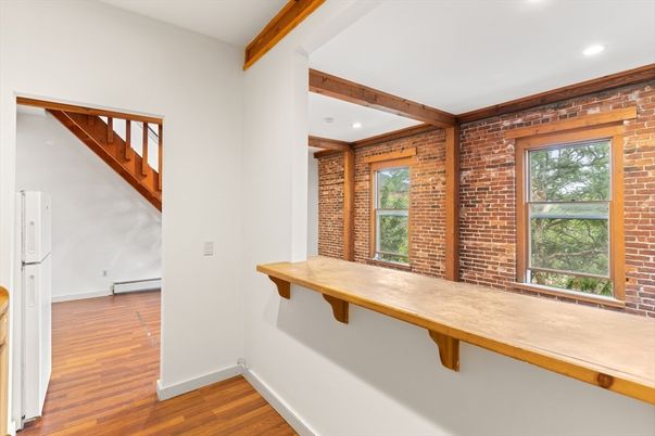 Empty room, Interior, Recessed Lighting, Stone Walls, Wooden Beams, Wood Texture Flooring