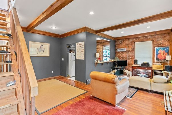 Interior, Living room, Recessed Lighting, Stone Walls, Wooden Beams, Wood Texture Flooring