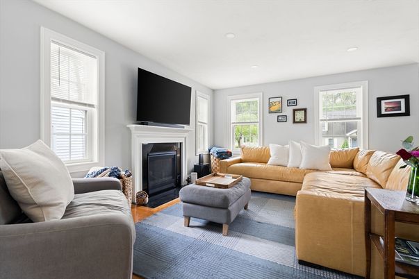 Fireplace, Interior, Living room, Recessed Lighting, Wood Texture Flooring